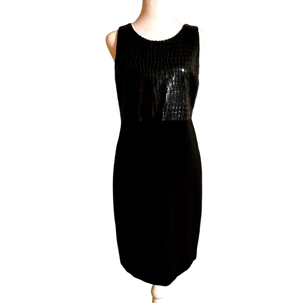 Anne Klein Black Faux Leather Crocodile Embossed Midi Dress